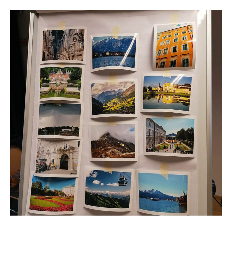 Workshop zur Ideenfindung: Urlaubsbilder von Salzburg Stadt und Land, zum Beispiel ein Berg mit einer Gondel, ein See und der Mirabellgarten.